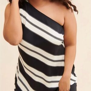 Eloquii Black and White Striped One-Shoulder Dress